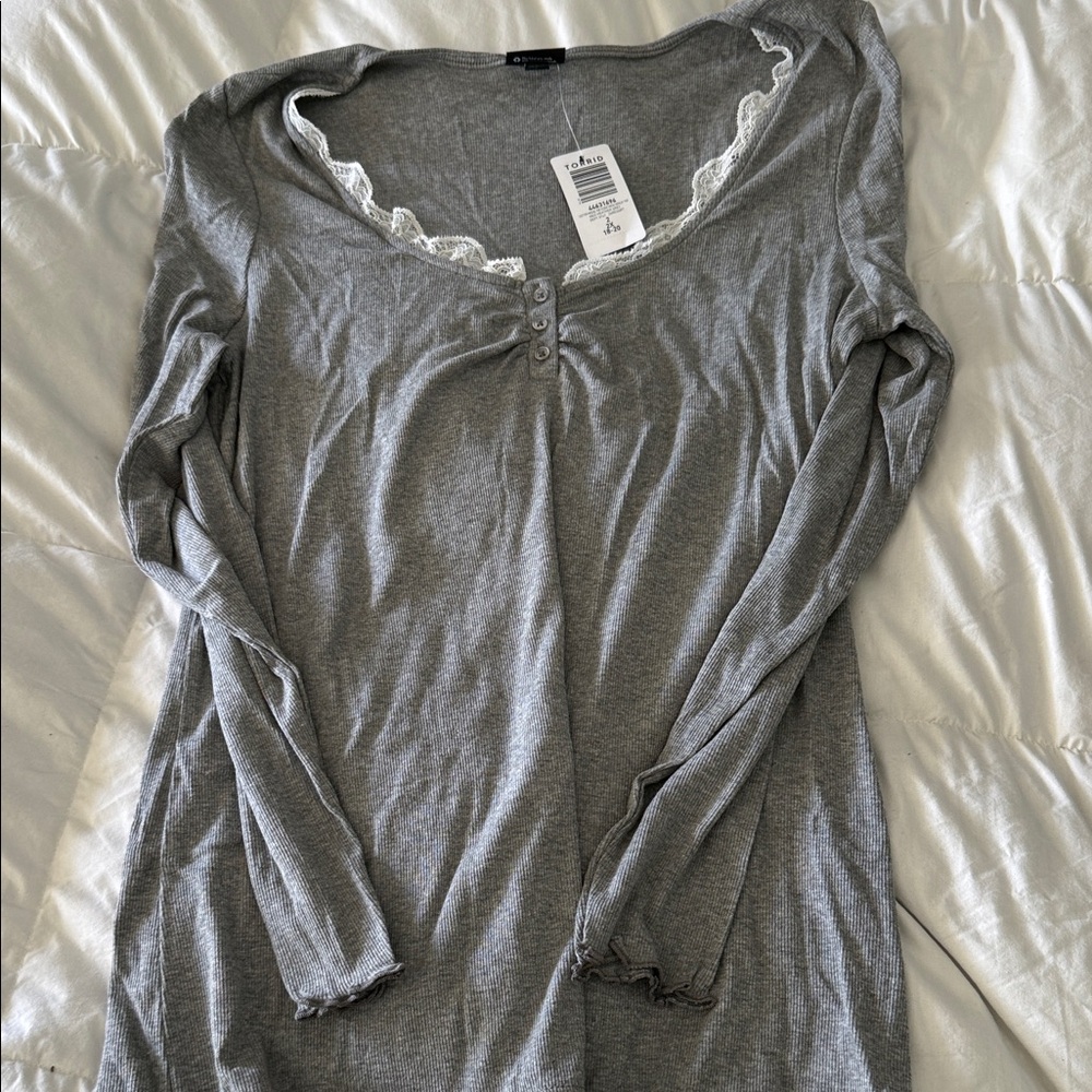 Torrid Gray Long Sleeve Top with Lace Trim